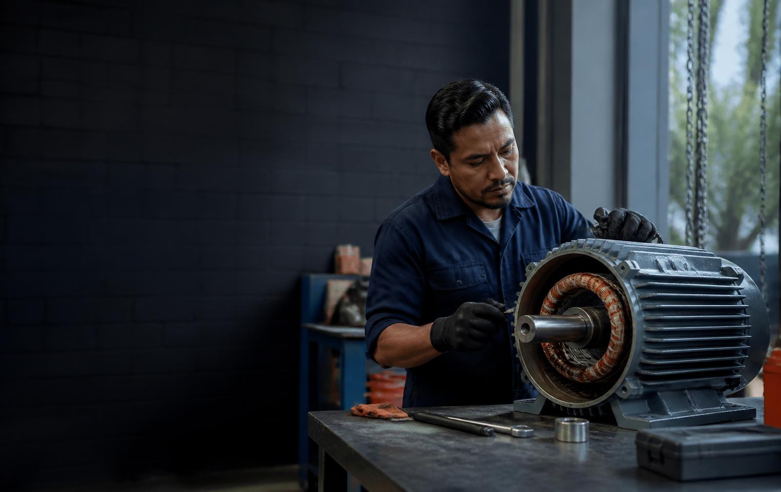 Técnico inspeccionando un motor eléctrico en un taller industrial